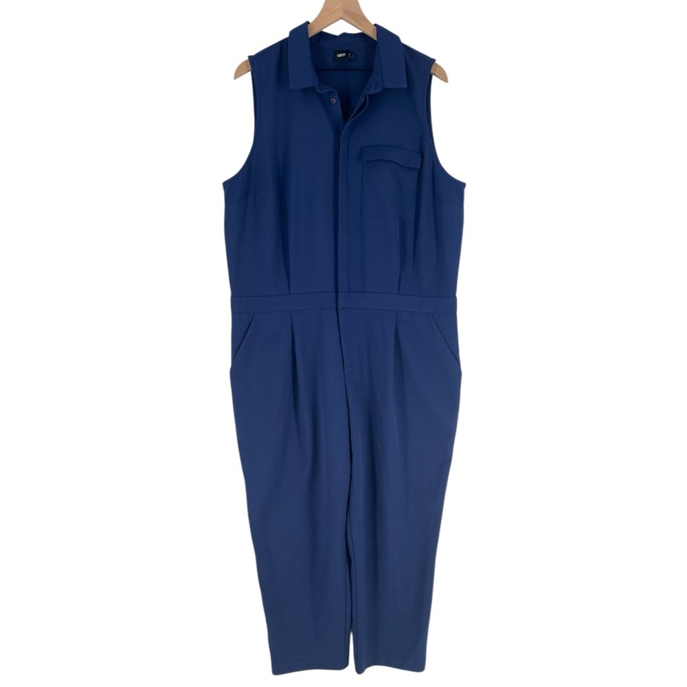 ASOS Stretch Blue Sleeveless Collared Tapered Leg Utility Jumpsuit Size 14